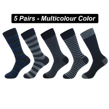 5Pairs High Quality Men's Long Socks Striped Solid Color Business Sports Breathable New Male Black Plus Size EU40-47