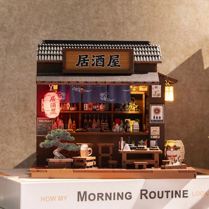 Izakaya Mini 3D Puzzle Assembly Model Dollhouse Kit DIY Handmade Toy Bookshelf Set, Wood Crafts for Girls' Birthday Gifts