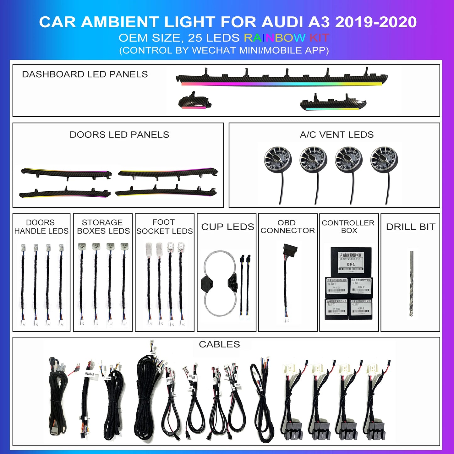 25 in 1 Symphony Ambient Lighting Car Kit For Audi A3 8Y 8V S3 RS3 2013-2020 Dashboard Door Air Vent Decoration Atmosphere Lamp