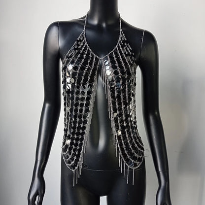 AKYZO Sequined Crop Tops for Women Metal Chain Tassel Nightclub Dance Wear Party Burning Outfits Plastic Tank Top Sexy Festival