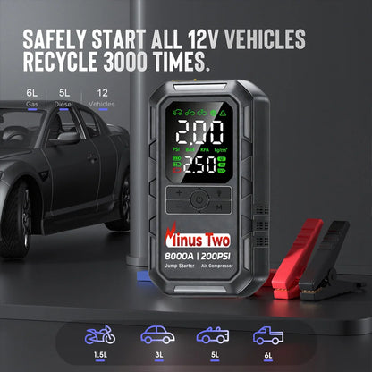 Jump Starter with Air Compressor 8000A Portable Car Battery Booster (7.5 Gas/6L Diesel) with 160PSI Auto-Shutoff Tire Inflator