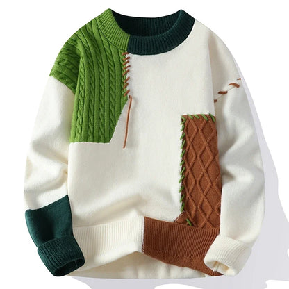 2025 New Patchwork Sweater Trend High Street Fashion Autumn and Winter Warm Men's Top Hip-hop Street Clothing