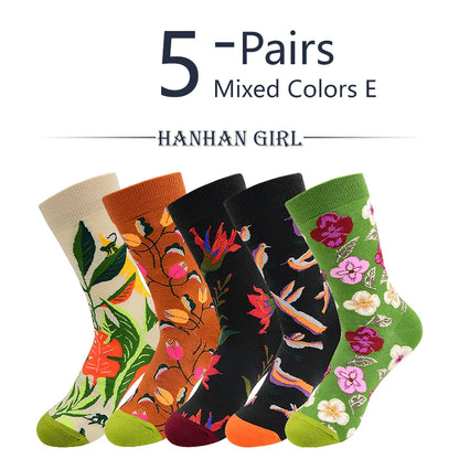 5 Pairs New Arrivals Combed Cotton Women Socks Unisex Cute Floral Styles 8 Color Happy Funny Casual Female Breathable Crew Socks