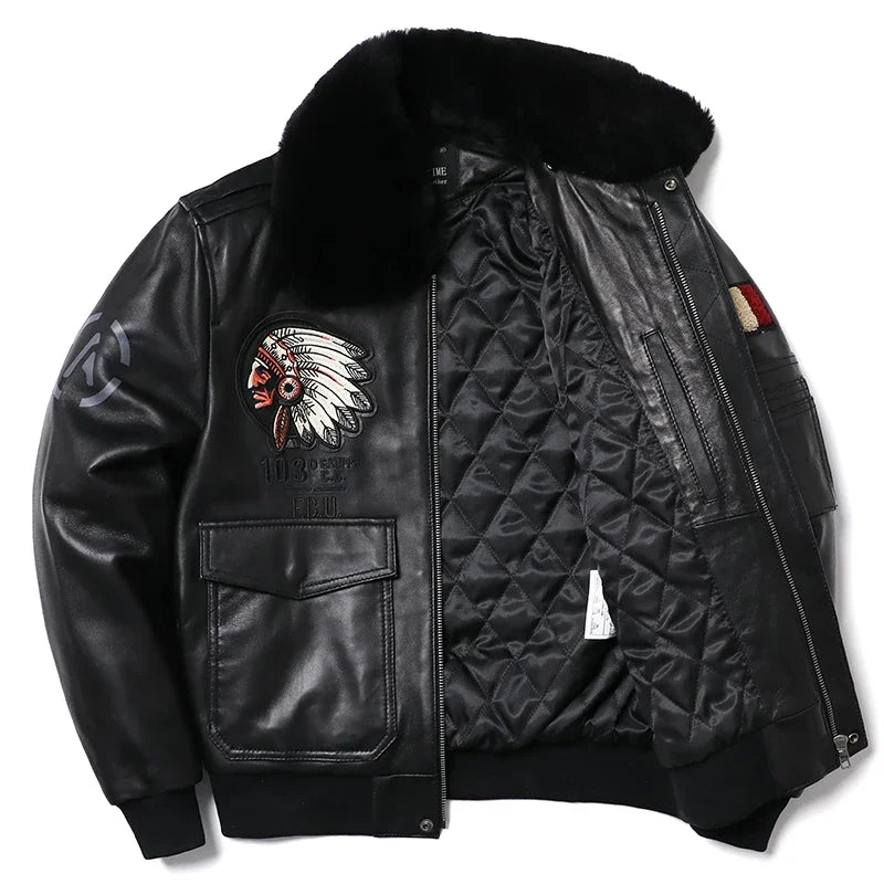 New Wool Collar Indian Embroidery Sheepskin Coat Genuine Leather Jacket Men's  Air Force Cloth Flight Jackets Clothes