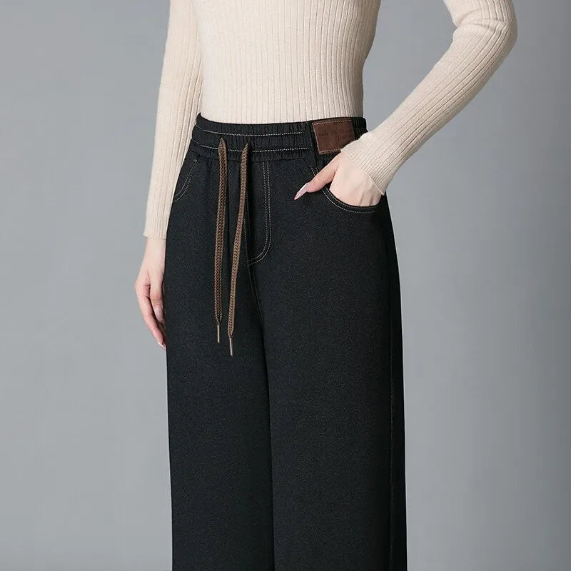 High Waist Fleece Lined Thick Wide Leg Jeans Women's Casual Straight Leg Pants Autumn Winter Loose Fit Comfortable Trousers