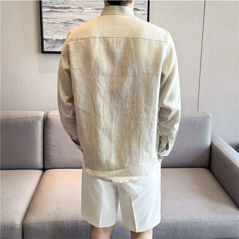 100% Linen Long Sleeve Shirt for Men Stand Up Collar Summer Loose Fit Solid Color Casual Formal Wear