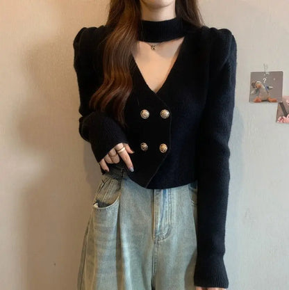 Elegant V-Neck Bubble Sleeve Knitwear Short Top Fashion Trend Neck Hanging Style Girl's French Style Slim Fit Long Sleeve Autumn