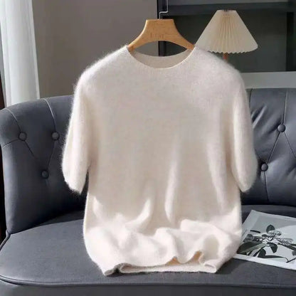 Spring Autumn 100% Mink Cashmere Short Sleeve Men's T-Shirt Loose O-Neck Solid Color Knit Sweater Casual Business Base Pullover