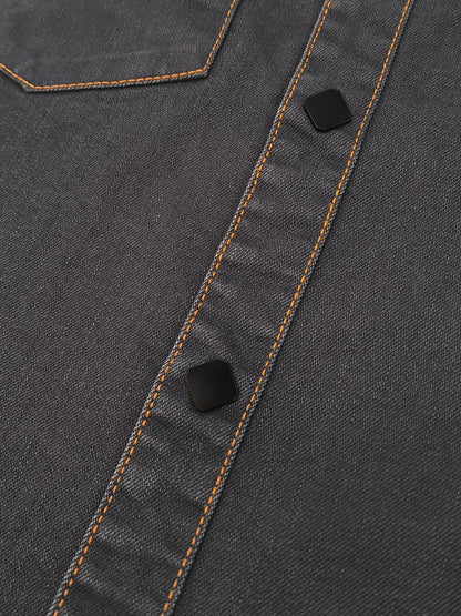 Men's Denim Shirt for Spring and Autumn, Vintage Topstitch Work Shirt, Handwashed Distressed Long Sleeve Shirt, Western Cowboy S