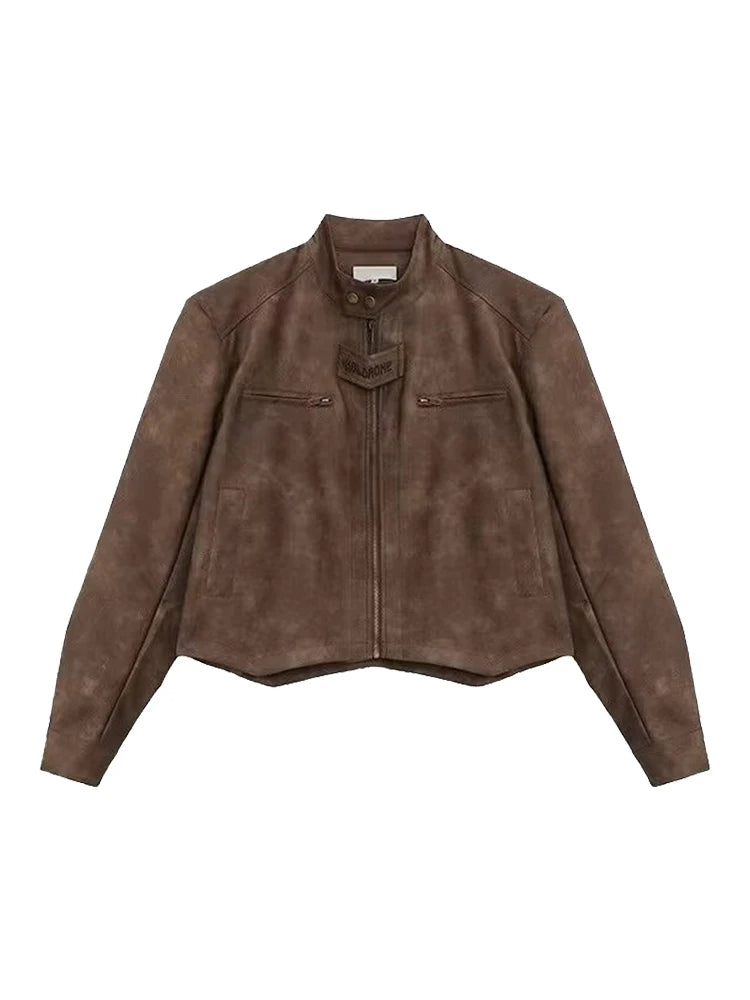 American Retro Street Motorcycle Leather Jacket Men's Trendy Brand Handsome Small Shoulder Pad Stand Collar Marrow Jacket Coat