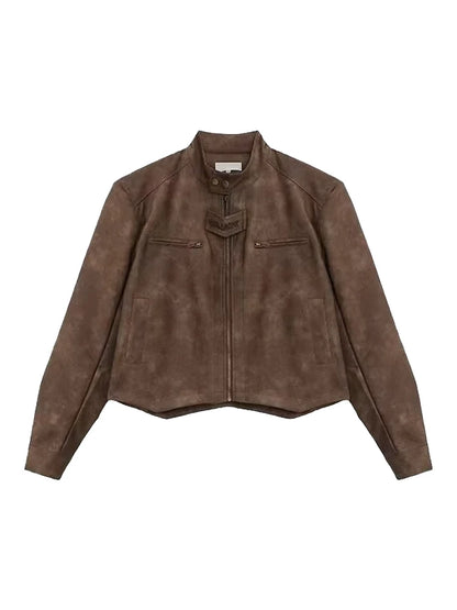 American Retro Street Motorcycle Leather Jacket Men's Trendy Brand Handsome Small Shoulder Pad Stand Collar Marrow Jacket Coat