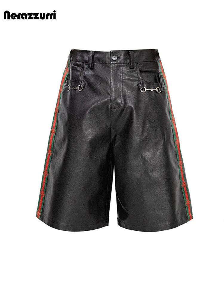 Nerazzurri Summer Patchwork Pu Leather Shorts for Men Cool Handsome Luxury Designer Calf-Length Pants Emo Menswear Clothes 2026