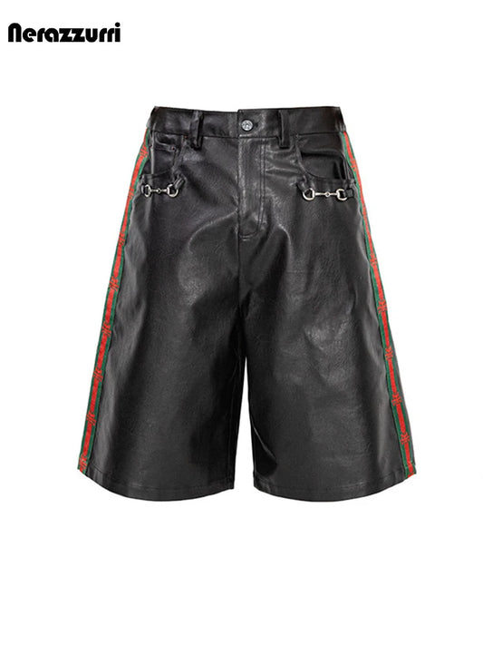 Nerazzurri Summer Patchwork Pu Leather Shorts for Men Cool Handsome Luxury Designer Calf-Length Pants Emo Menswear Clothes 2026