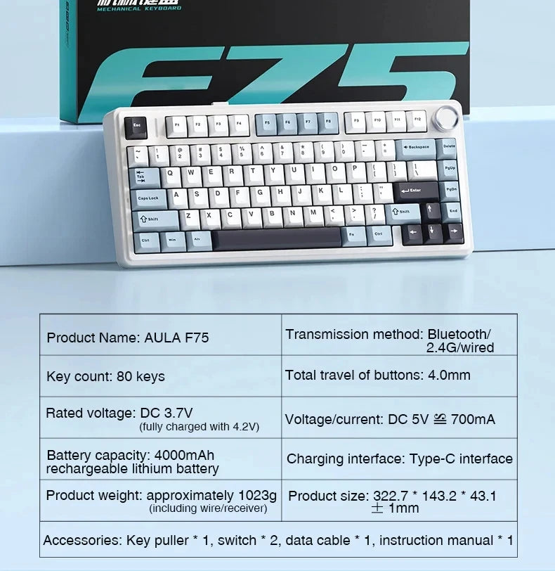 AULA Mechanical Keyboard F75 Three Modes Gaming Mechanical Keyboard Multi-function Knob Can Switch Between Game/Office Modes