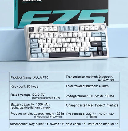 AULA Mechanical Keyboard F75 Three Modes Gaming Mechanical Keyboard Multi-function Knob Can Switch Between Game/Office Modes