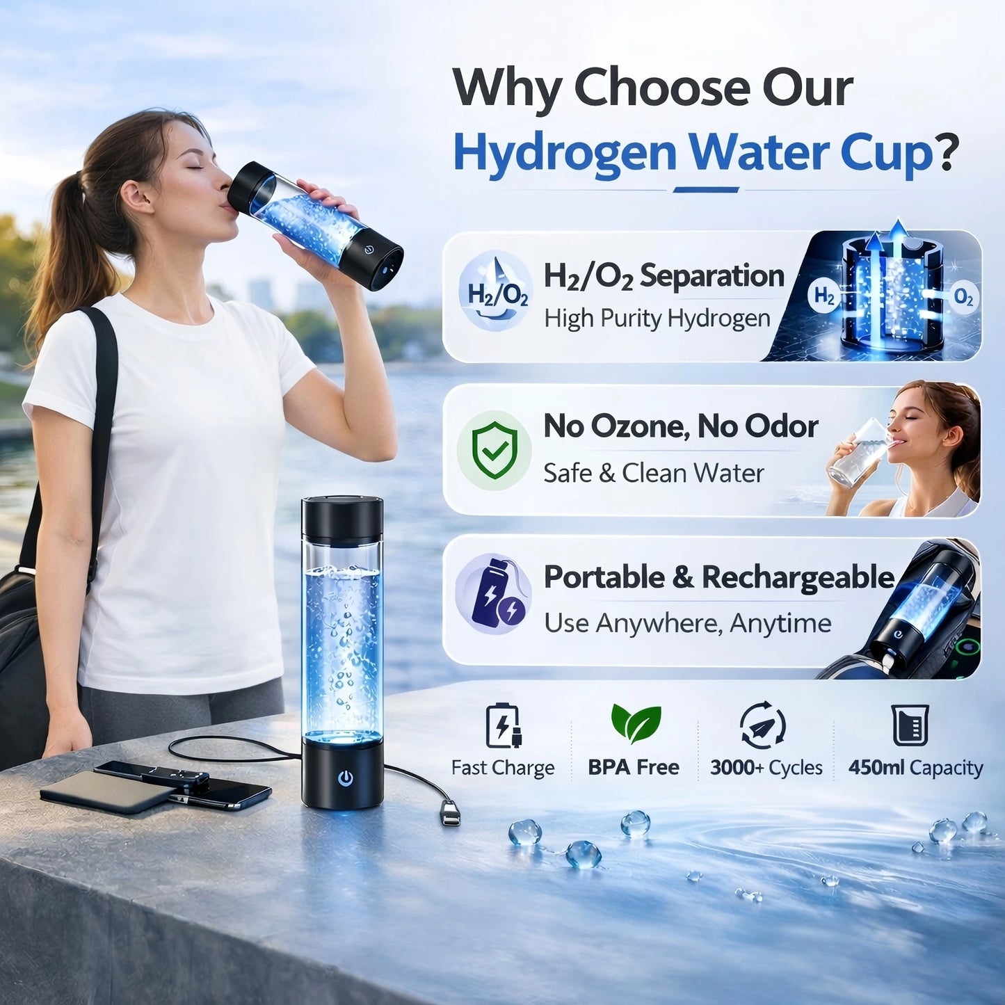 Portable Hydrogen Water Generator Bottle Rechargeable Electric Alkaline Water Ionizer Cup Hydrogen-Rich Health Care Drinkware