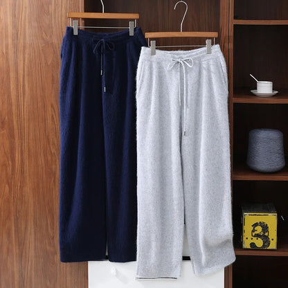 MVLYFLRT Men's 100% Mink Cashmere Thick Wide Leg Pants Comfortable Fit Knitted Luxury Winter Trousers D188