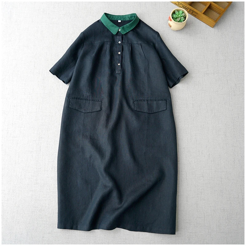 Ele Contrast Color Collar Linen ort Sve irt Dr Women's Summer New Artistic Versatile Midi Dr Comfortable A-L...
