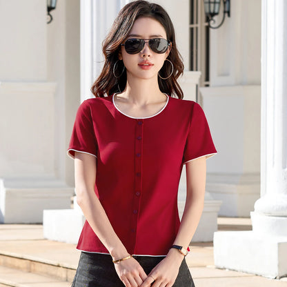 Women Fashion Contrast Edge Button Down T-Shirt Short Sleeve Round Neck Slim Fit Solid Color Casual Summer Blouse Female Tops