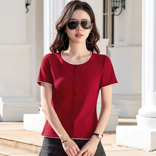 Women Fashion Contrast Edge Button Down T-Shirt Short Sleeve Round Neck Slim Fit Solid Color Casual Summer Blouse Female Tops