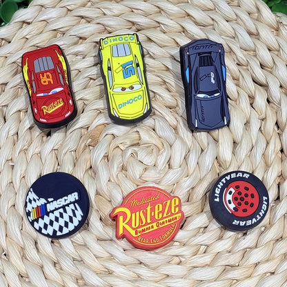 MIX 6pcs Motorsport Inspired Fall F/W PVC Shoes Charms Miniso Cars Slippers Buckle Decorations Fit Boys Birthday Xmas Gifts