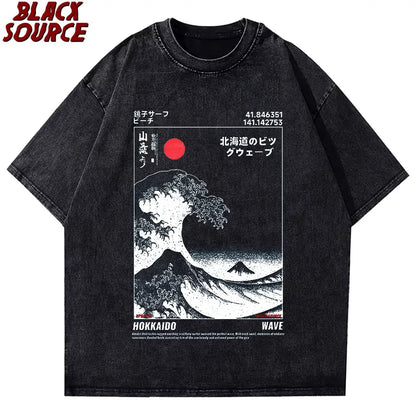 T416 Japanese Style Hokkaido Wave Vintage T-shirt Men Women Harajuku Fashion High Quality T Shirts Oversized Cotton Summer Tee