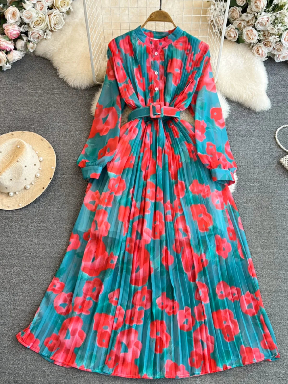 Ele Vintage Long Sve A-Line Printed Gown with Pleated Skirt And Slimming Waist Design for Young Women Korean Sle Com...