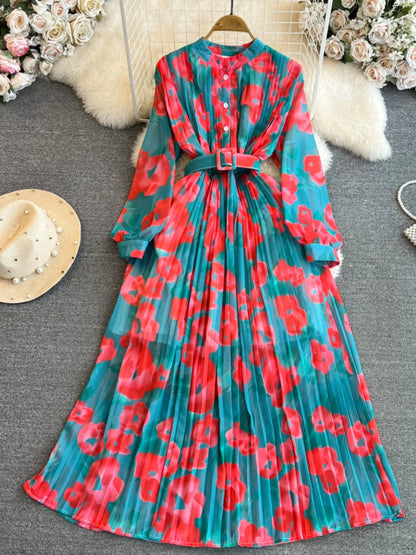 Ele Vintage Long Sve A-Line Printed Gown with Pleated Skirt And Slimming Waist Design for Young Women Korean Sle Com...