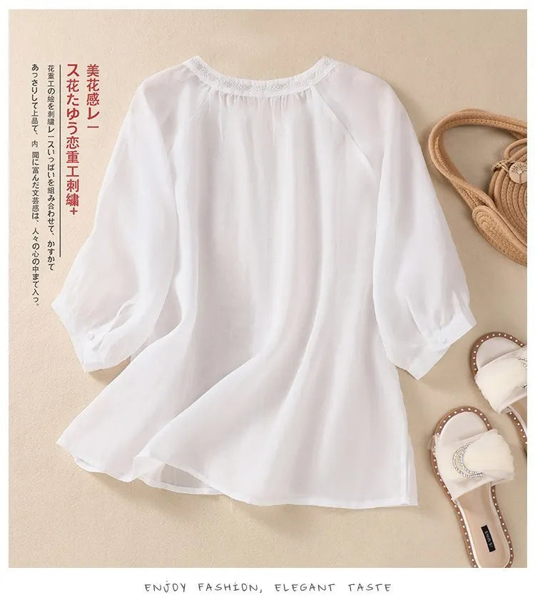 Fashion Thin Cotton Linen Y2k Tops Tee Women Clothing Summer Loose T Shirts Woman Embroidered T-shirt Blusa Casual Ladies tshirt