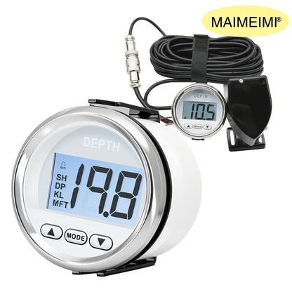 52MM Marine Digital Depth Gauge Indicator Waterproof for Yachts Fishing Boats Pulse Signal White Backlight Depth Transducer