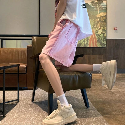 Men's Summer Pink Ripped Denim Shorts Lightweight Baggy Knee-length American High Street Trendy Distressed Casual Fashion Style