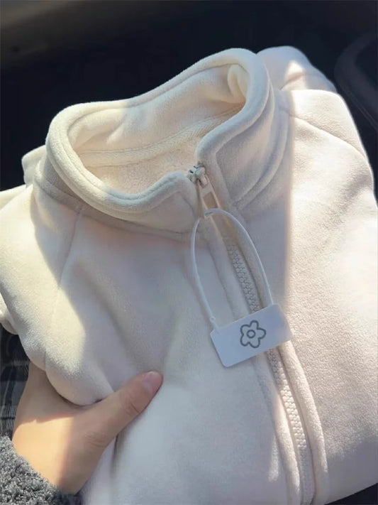 Thickened Fleece Women's Open Cardigan Long Sleeve Sweatshirt Lazy Style Loose Fit Warm Stand Collar Autumn Winter Outerwear