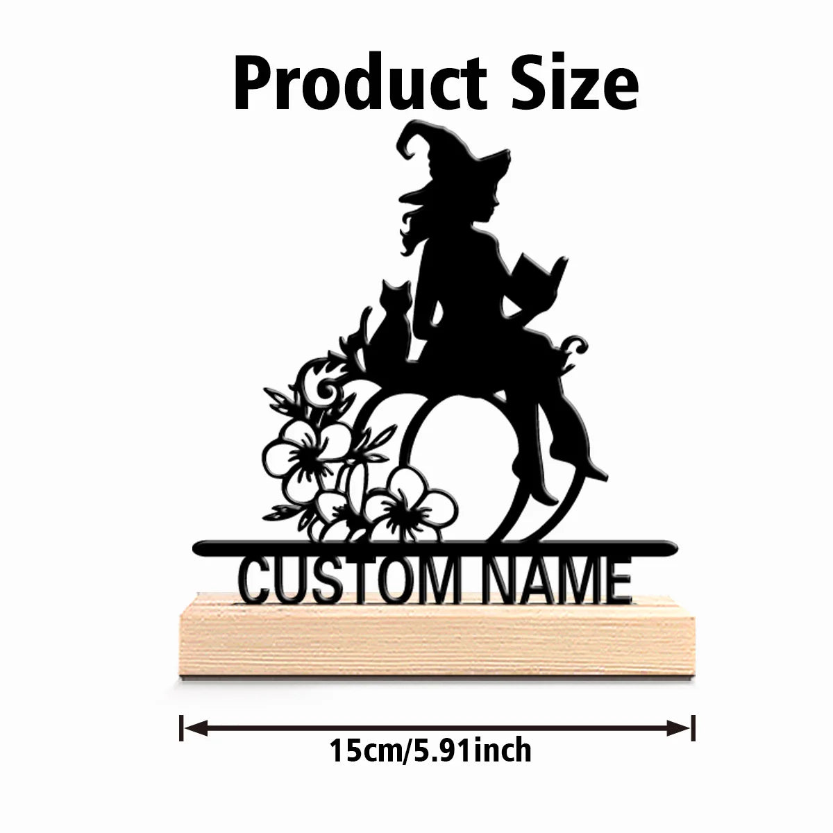 1pc Fashion Personalized Custom Witch Black Cat Metal Statues Modern Wooden Base Decor for Office Living Room Nature-Inspired
