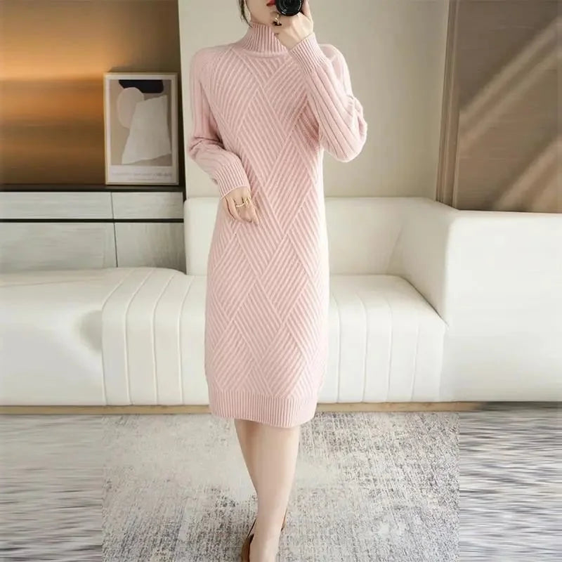 Thickened Winter Knitted Dress Women's Midi Knee-length Loose High-neck Fashionable Base Layer Dress Pure Color Long Sleeve