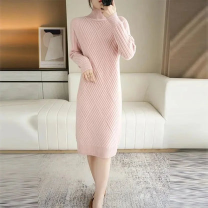 Thickened Winter Knitted Dress Women's Midi Knee-length Loose High-neck Fashionable Base Layer Dress Pure Color Long Sleeve