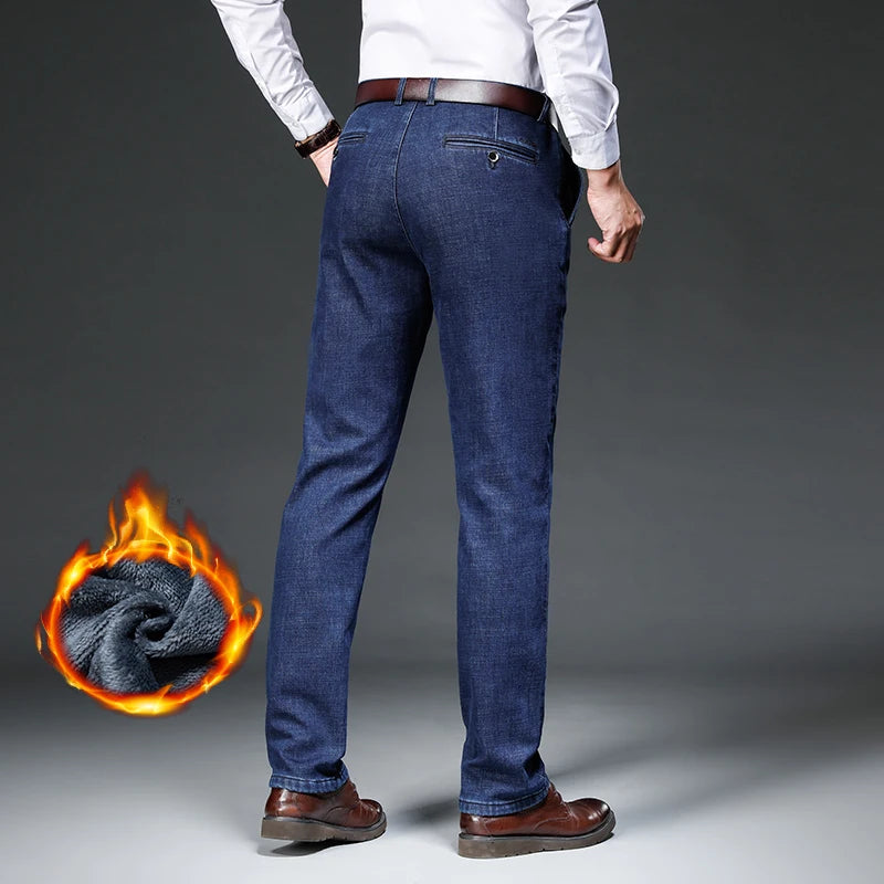 Fleece Jeans Men's Winter Thick Business Velvet Trousers Soft Fashion Brand Classic Straight Loose Warm Plush Denim Pants