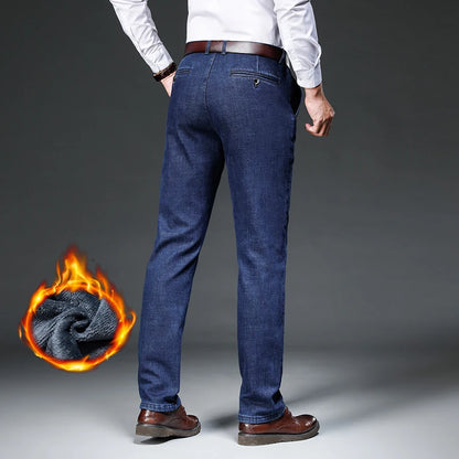 Fleece Jeans Men's Winter Thick Business Velvet Trousers Soft Fashion Brand Classic Straight Loose Warm Plush Denim Pants