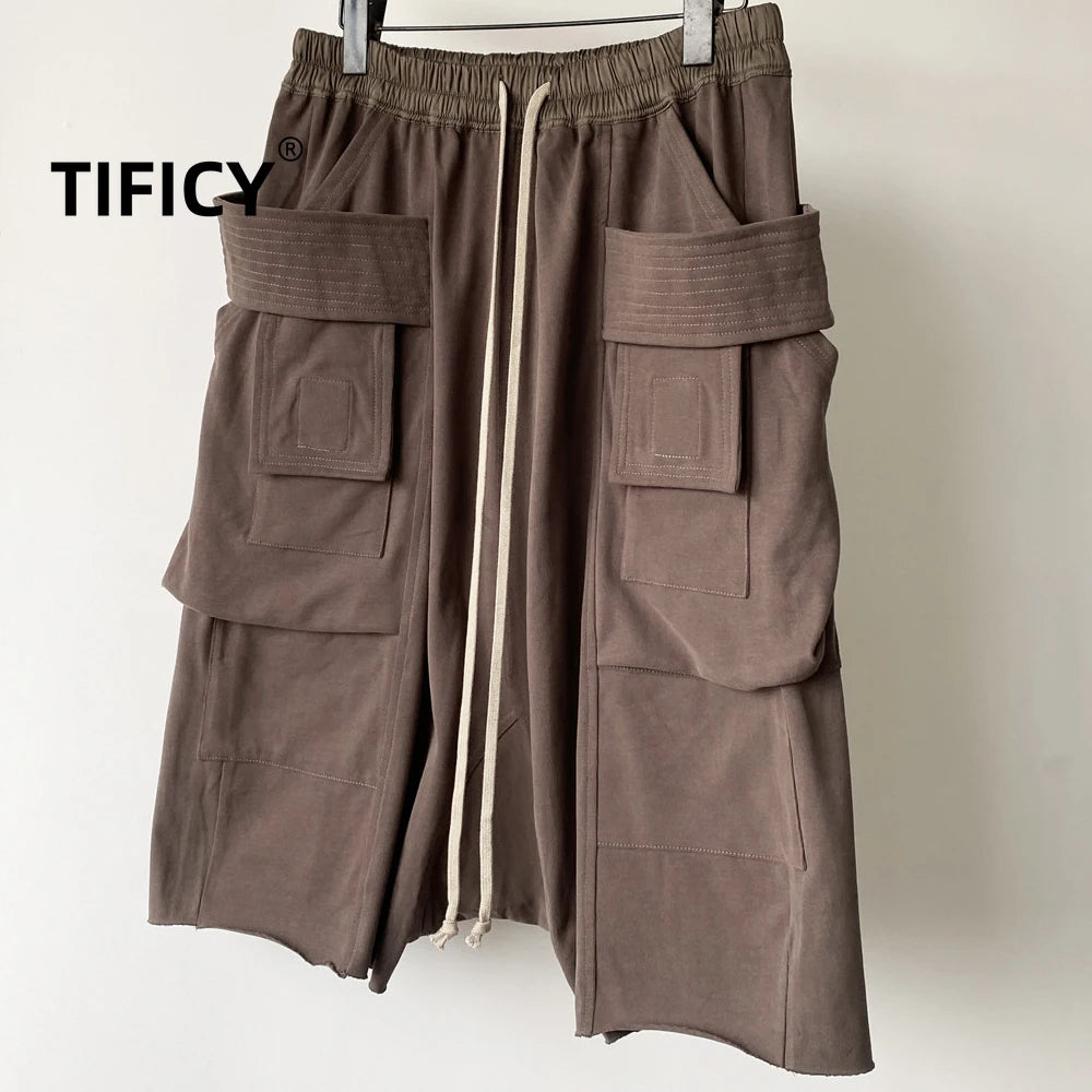 High Street RO Black Double Ring Workwear Shorts Men Multiple Pockets Frayed Edges Loose Crotch Five Quarter Pants