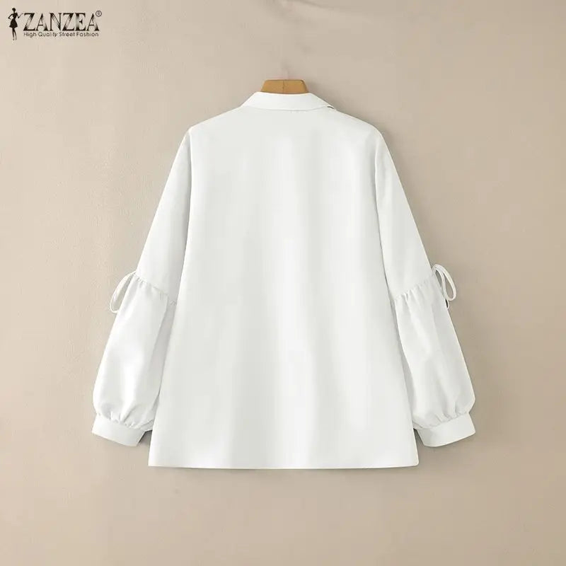 2025 Autumn Blouse ZANZEA Office Women Shirt Spring Elegant Lapel Neck Long Sleeve Tops Solid Button Up Blusas Lace-Up Chemise