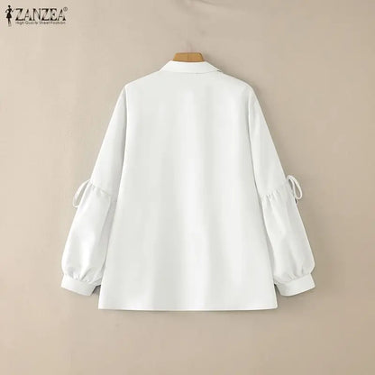 2025 Autumn Blouse ZANZEA Office Women Shirt Spring Elegant Lapel Neck Long Sleeve Tops Solid Button Up Blusas Lace-Up Chemise