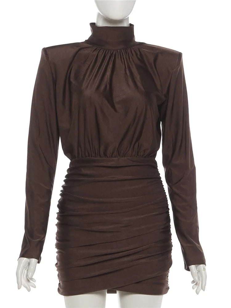 Sisterlinda Elegant Shoulder Padded Dress Women Turtleneck Ruched Sexy Classic Office Commute Simple Peach Hip Slim Mini Bodycon