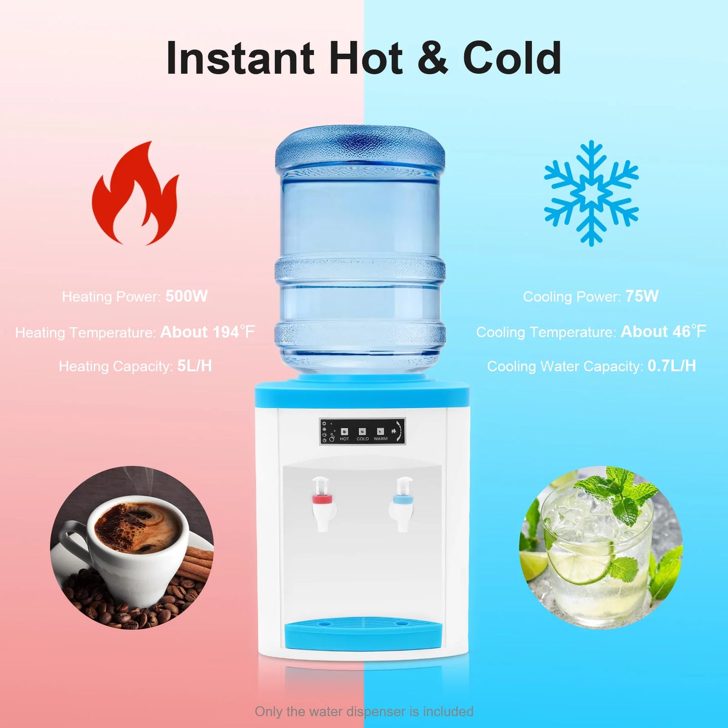White Blue Top Loading 3 Temperatures Water Dispenser Hot Cold Normal Water Cooler 550W 110V US Plug PP Stainless Steel Desktop Freestanding Drinking Machine 5L/H Hot 0.7L/H Cold Fit 4.5-18.9L 1.1-4.9Gallon Water Bottle