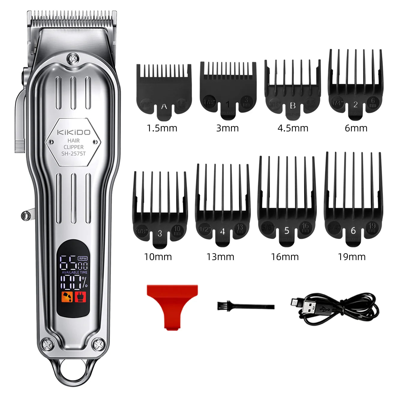 KIKIDO Professional Cordless Hair Clipper SH-2575T LCD Display Barber Trimmer Kit for Men Rechargeable 6 Combs