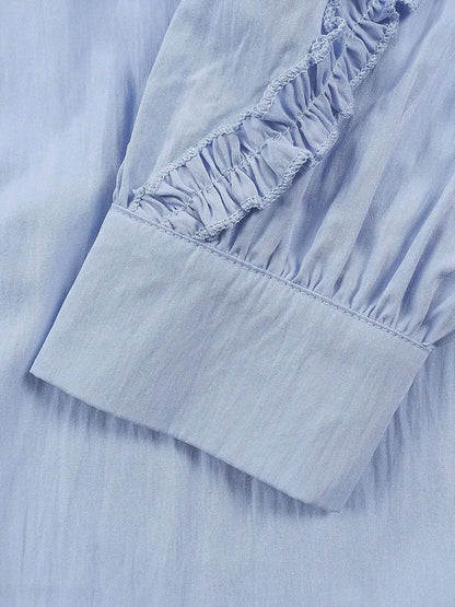 New Elegant Blue Lace trim on Sleeve Button Shirt Loose Long Sleeve Blouses Korean Popular Women's Clothes Large Size Top Autumn