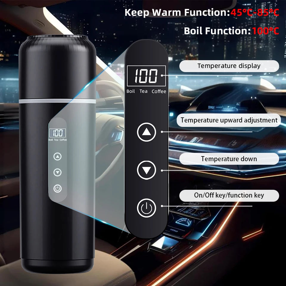 12V/24V Car Heating Cup 500ml Temperature Adjustable Coffee Tea Truck Cup with 304 Stainless Steel Dry Burn Protection & Cup Bag
