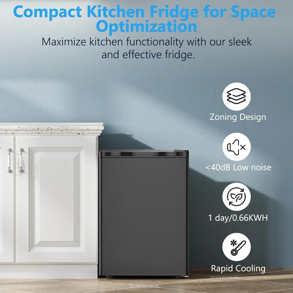 2.6 Cu.Ft Mini Fridge with Freezer, Single-Door Compact Refrigerator, 7 Temp Settings, 2 Shelves, for Bedroom Office Kitchen Dorm, Black