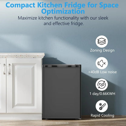 2.6 Cu.Ft Mini Fridge with Freezer, Single-Door Compact Refrigerator, 7 Temp Settings, 2 Shelves, for Bedroom Office Kitchen Dorm, Black