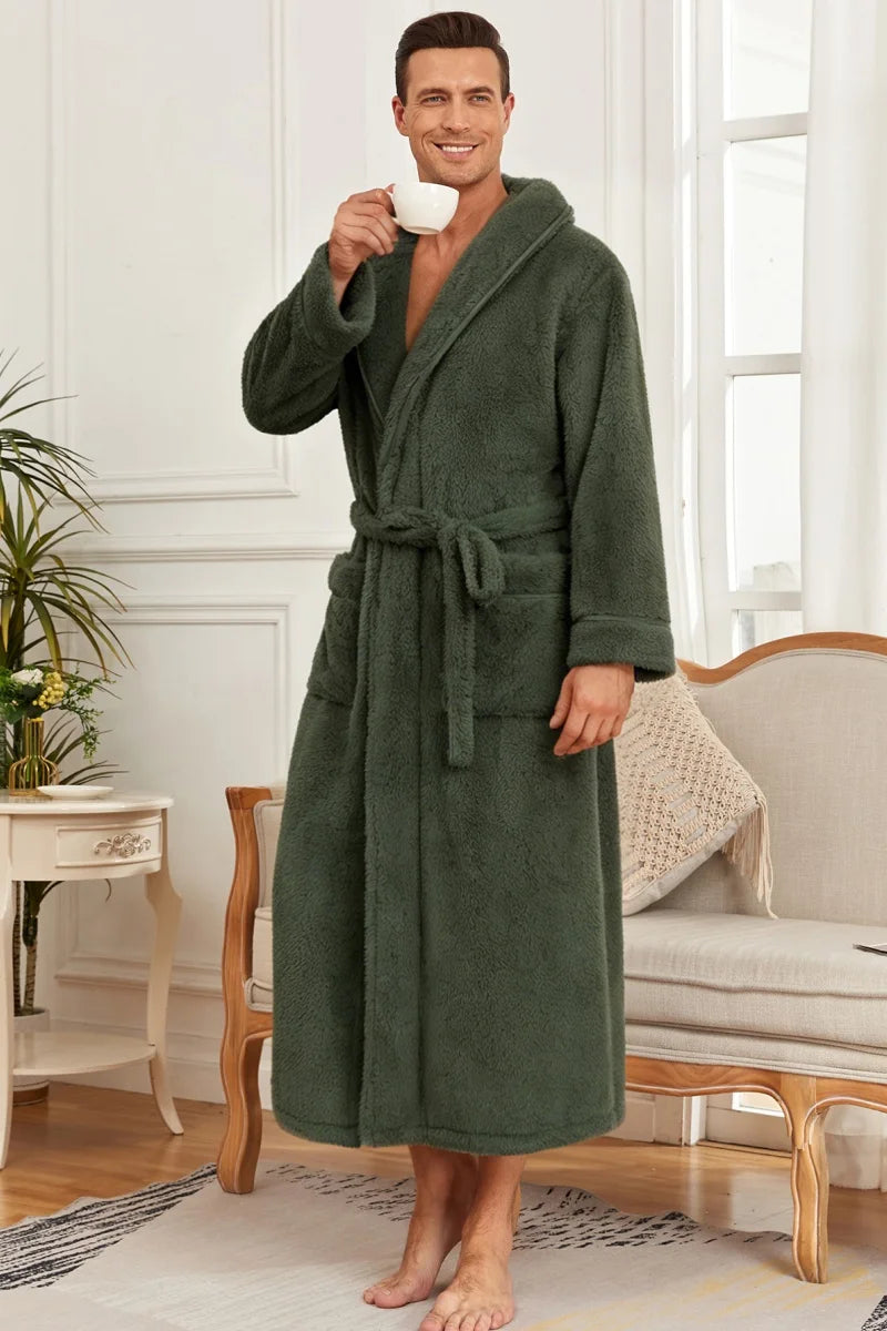 Men's Ultra Soft Coral Fleece Bathrobe Long Plush Shawl Collar Robe with Belt Pockets Thick Warm Winter Loungewear Home Nightgow