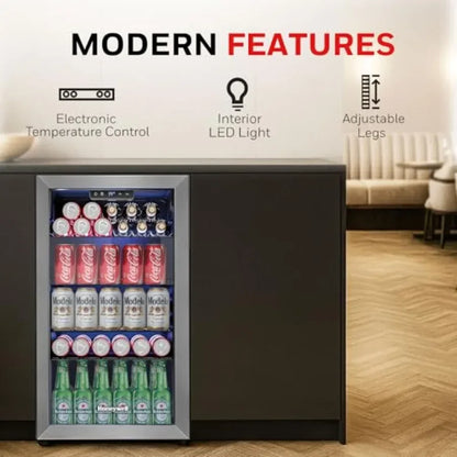 Beverage Refrigerator and Cooler, Mini Fridge with Glass Door for Soda Beer or Wine in Office or Bar Use, Stainless Steel, Blac