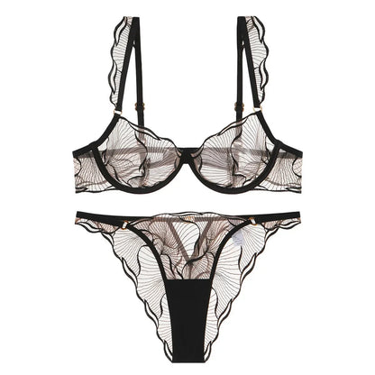2 Pieces Summer Ultra Thin Breathable Women Underwear Sexy Lace Bra French Mesh Temptation Intimates Lingerie and Briefs Sets
